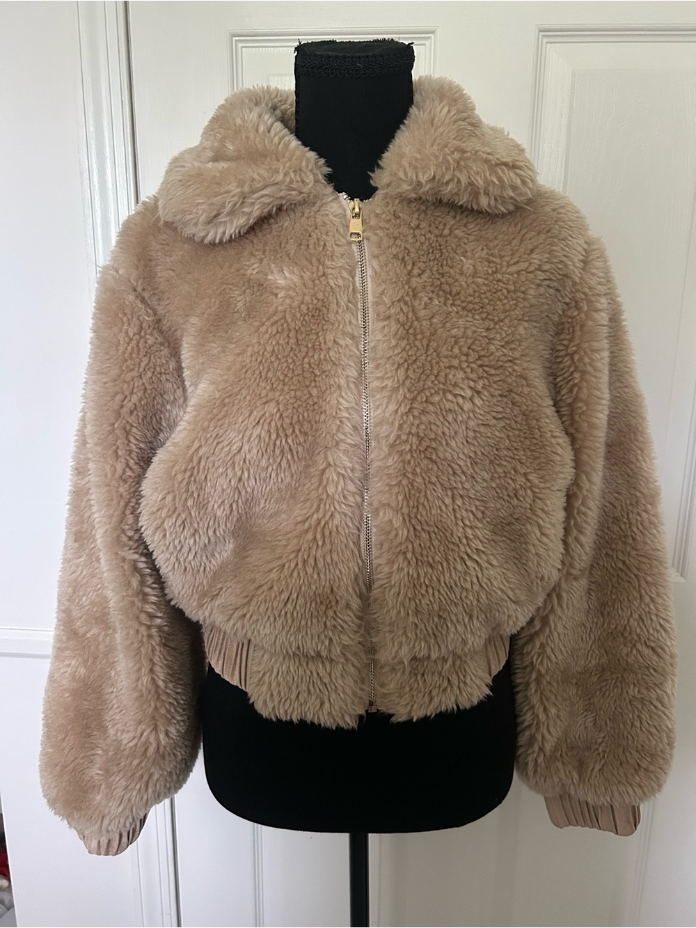 Oh Polly Taupe Faux Fur Bomber Jacket